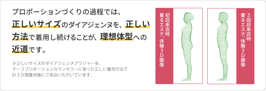 プロポーションづくりの過程では、正しいサイズのダイアジェンヌを、正しい方法で着用し続けることが、理想体型への近道です。