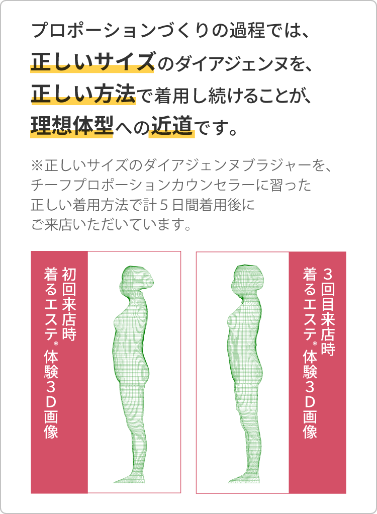 プロポーションづくりの過程では、正しいサイズのダイアジェンヌを、正しい方法で着用し続けることが、理想体型への近道です。